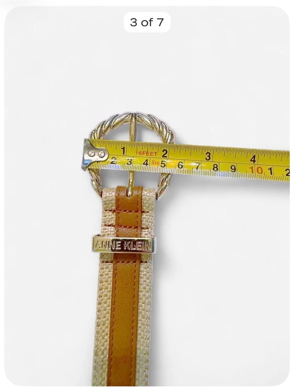 Anne Klein Woven Straw Belt Tan Brown Gold Twisted Buckle Women’s Size M/L